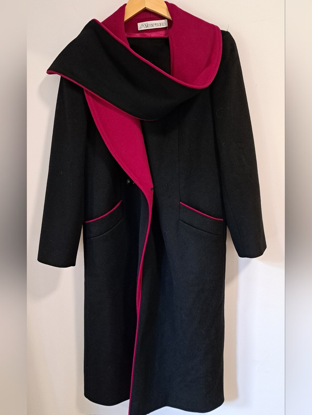 Vintage Black & Magenta Wrap Coat | Built-In Scarf Collar | Toteme-Inspired |